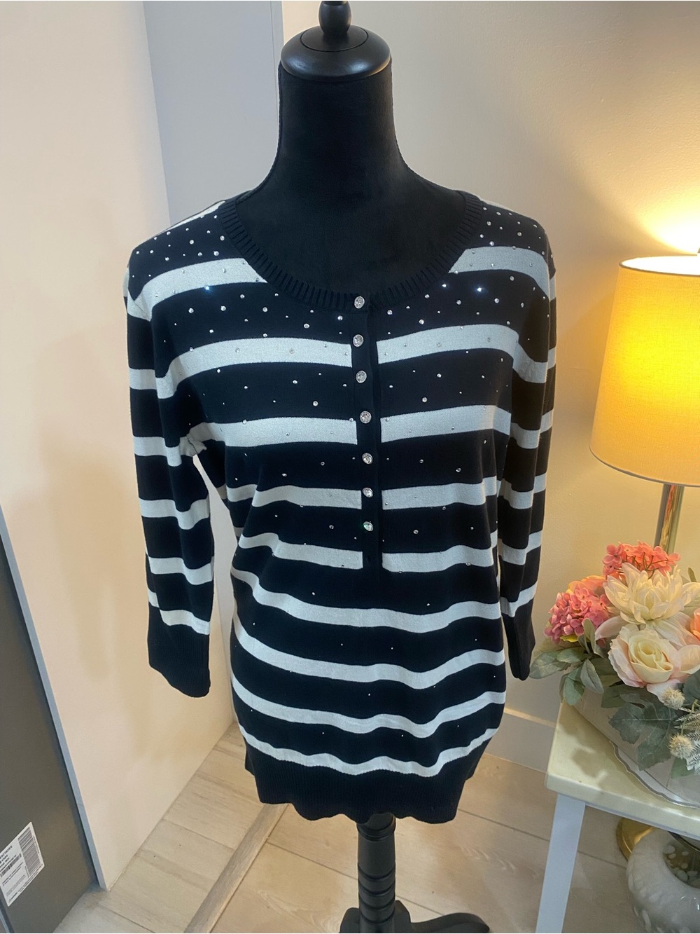 Christine Alexander Navy and White Striped Knit Top with Scoop Neck